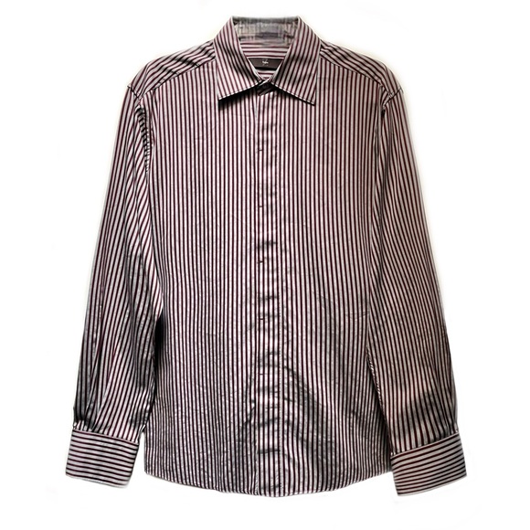 Zegna Gray & Burgundy Pinstriped Collared Button Down Men’s Dress Shirt, Size L - Picture 1 of 7